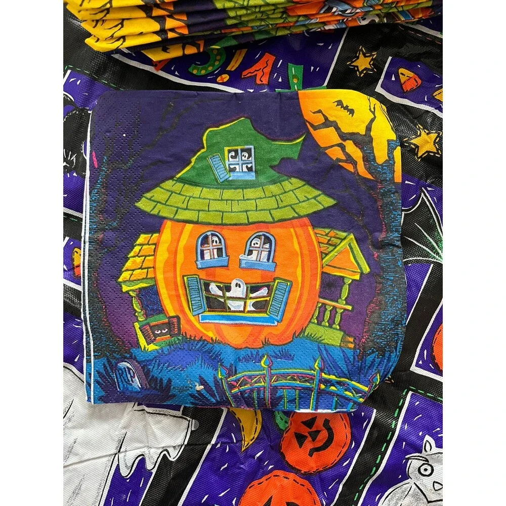 VTG Halloween Pumpkin Ghost Bat Spider Owl Tablecloth 17 Napkins 12 Plates Set